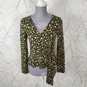 Rebel Sugar Green Yellow Floral Print Tie Wrap Blouse